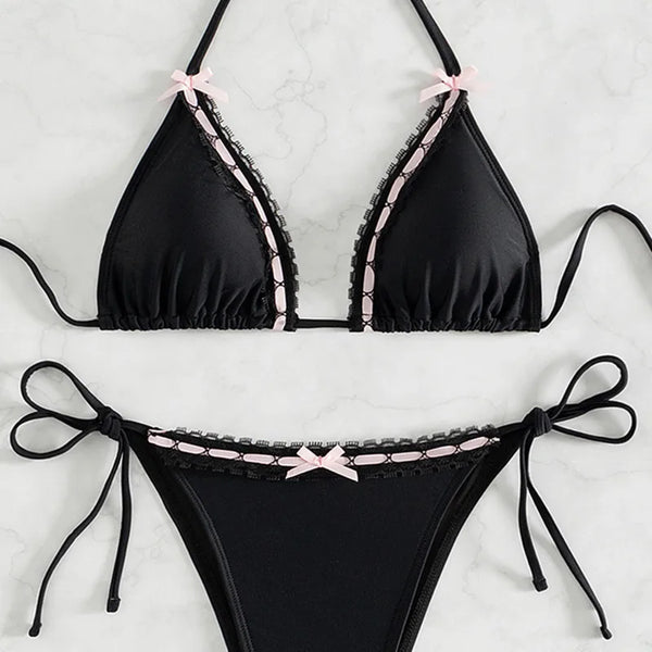 Midnight Bow" – Black Lace-Trim Bikini Set