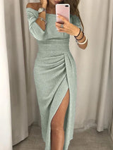 Rosé Allure" – Off-Shoulder Shimmer Dress