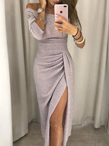 Rosé Allure" – Off-Shoulder Shimmer Dress