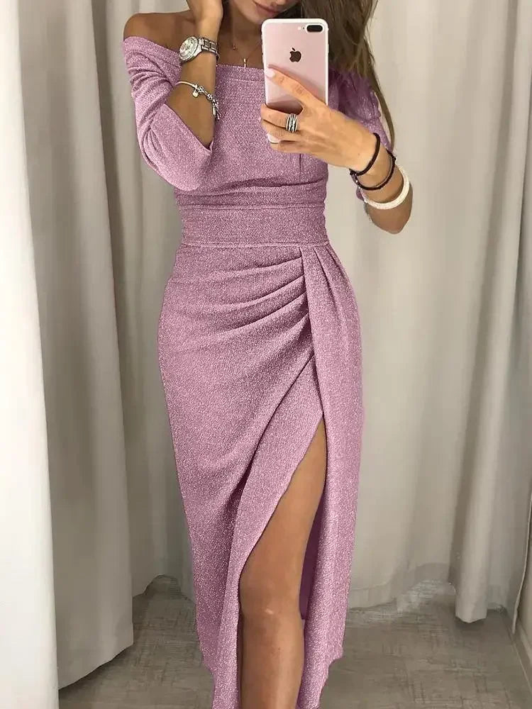 Rosé Allure" – Off-Shoulder Shimmer Dress