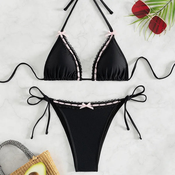 Midnight Bow" – Black Lace-Trim Bikini Set