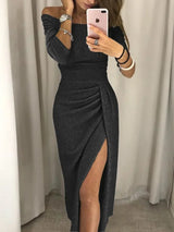 Rosé Allure" – Off-Shoulder Shimmer Dress