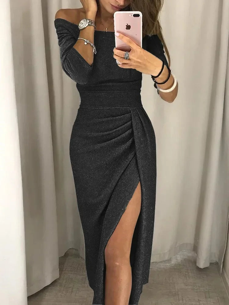 Rosé Allure" – Off-Shoulder Shimmer Dress