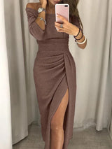 Rosé Allure" – Off-Shoulder Shimmer Dress