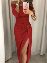 Rosé Allure" – Off-Shoulder Shimmer Dress